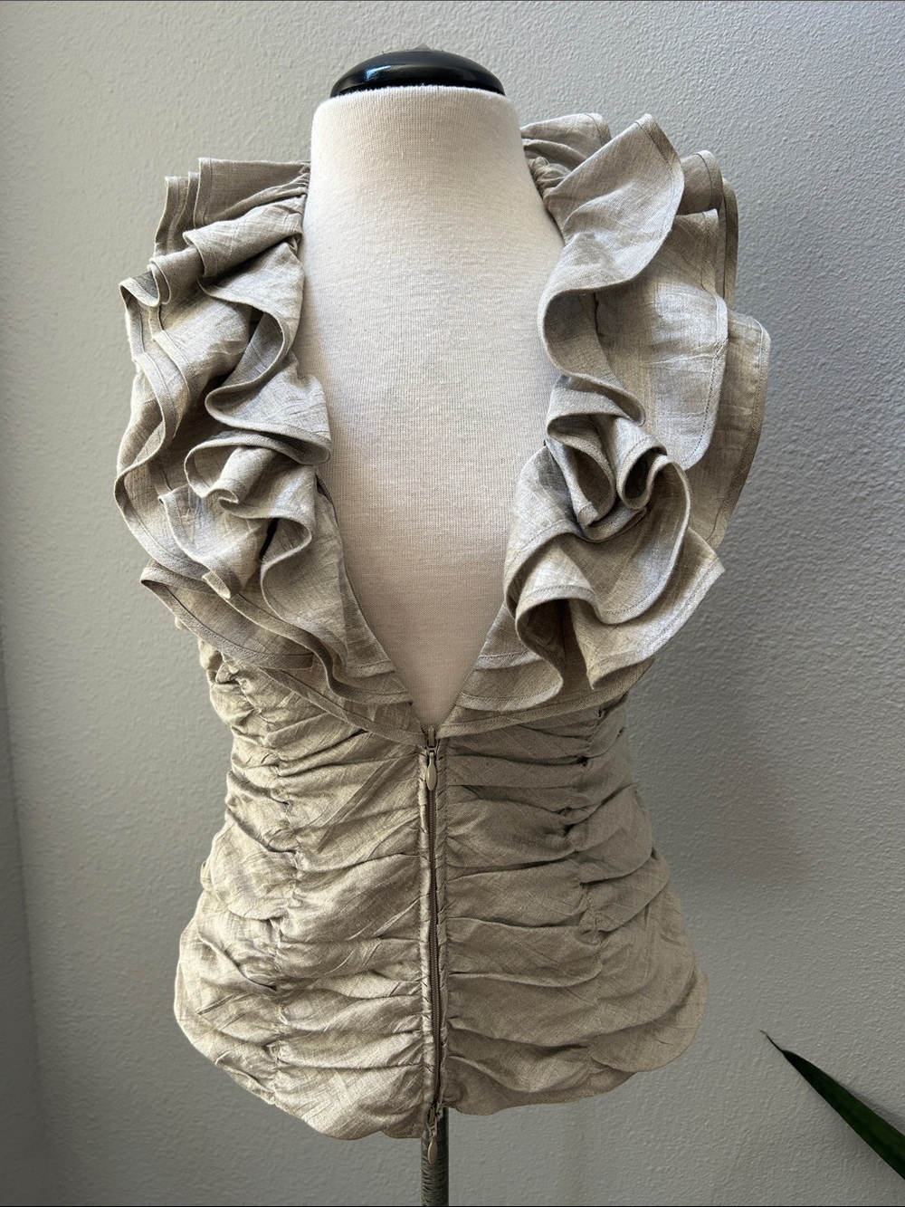 Anne Fontaine Gray Ruffled Linen-Blend Halter Blouse 38=6/S